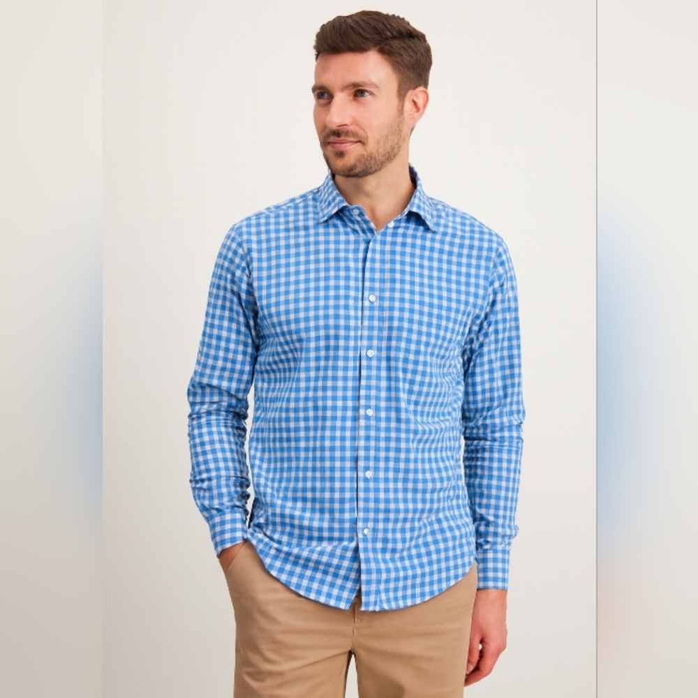 Lands' End Plaid Regular Fit Shirt Blue Teal White 18-18.5 34-351